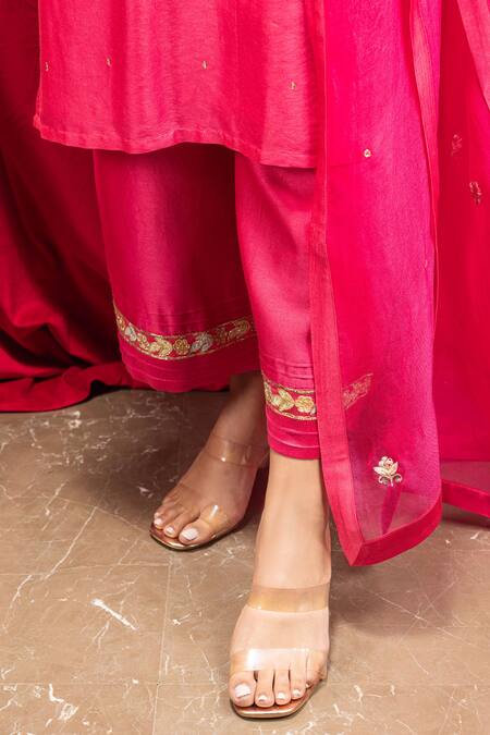 Dohr India_Pink Silk, Cotton, Organza, Chanderi Sequins, Rani Placement Kurta Set _Online_at_Aza_Fashions