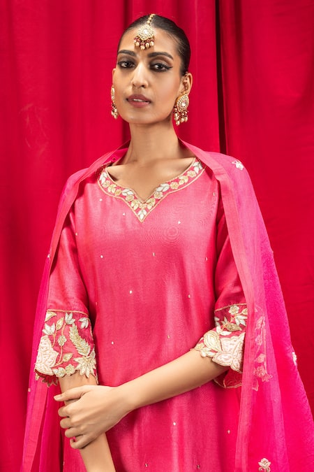 Buy_Dohr India_Pink Silk, Cotton, Organza, Chanderi Sequins, Rani Placement Kurta Set _Online_at_Aza_Fashions