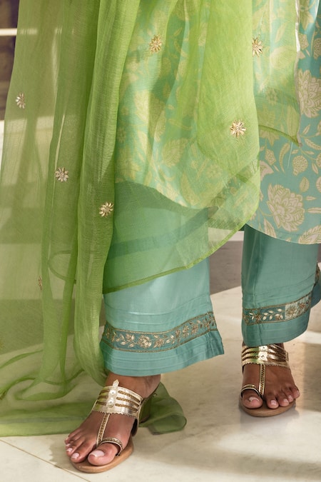 Dohr India_Blue Modal, Cotton, Silk Sequins, Zari, Embroidery Rubab Garden Print Kurta Set _Online_at_Aza_Fashions