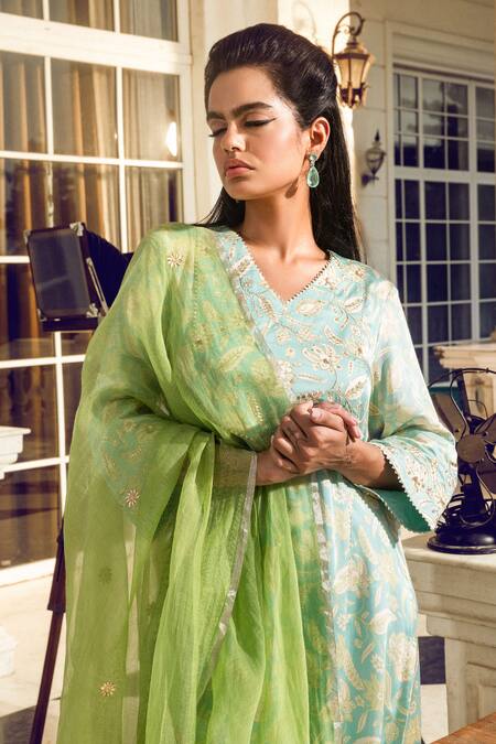 Buy_Dohr India_Blue Modal, Cotton, Silk Sequins, Zari, Embroidery Rubab Garden Print Kurta Set _Online_at_Aza_Fashions