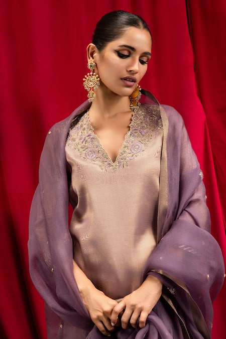 Buy_Dohr India_Purple Tissue, Silk , Cut Work, Saanvi Neckline A-line Kurta Set _Online_at_Aza_Fashions