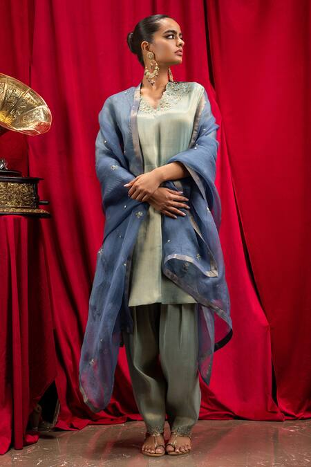 Buy_Dohr India_Blue Tissue, Silk, Organza Sequins, Embroidery V-neck Saanvi A-line Kurta Set _Online_at_Aza_Fashions