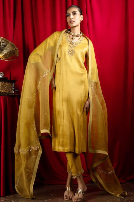 Dohr India Yellow Kurta And Pant Tissue Blend Embroidery Dabka Notched Suhani Neckline Set 