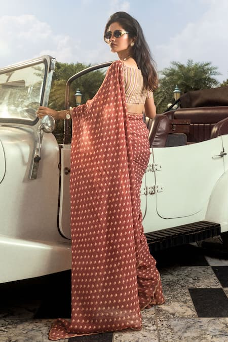 Shop_Dohr India_Maroon Organza, Modal Beads Adah Printed Saree With Unstitched Blouse Piece _at_Aza_Fashions