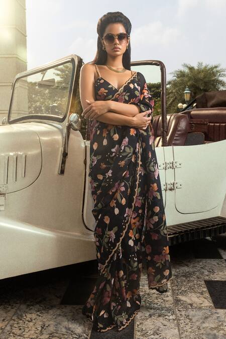 Buy_Dohr India_Black Organza, Modal, Viscose Amaira Printed Saree With Unstitched Blouse Piece _Online_at_Aza_Fashions