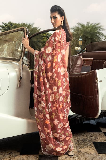 Dohr India_Red Organza, Modal, Viscose Anchal Printed Saree With Unstitched Blouse Piece _Online_at_Aza_Fashions