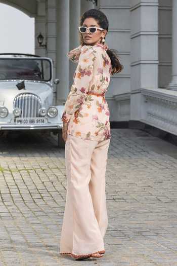 Shop Dohr India Beige Organza, Crepe Lace Bandeau Neck Blair Bloom Print Top And Pant Set at Aza Fashions Shop_Dohr India_Beige Organza, Crepe Lace Bandeau Neck Blair Bloom Print Top And Pant Set _at_Aza_Fashions