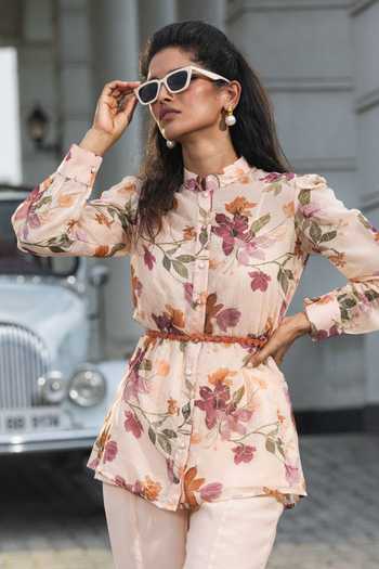 Buy Dohr India Beige Organza, Crepe Lace Bandeau Neck Blair Bloom Print Top And Pant Set Online at Aza Fashions Buy_Dohr India_Beige Organza, Crepe Lace Bandeau Neck Blair Bloom Print Top And Pant Set _Online_at_Aza_Fashions