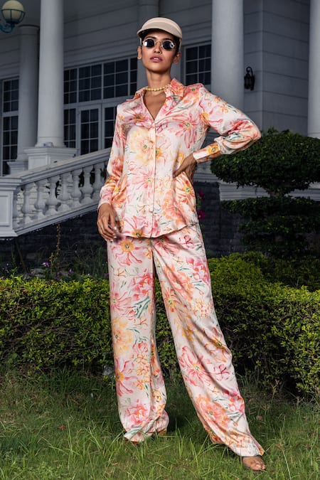 Buy Dohr India Pink Modal Satin Carla Floral Print Shirt And Pant Set  Online