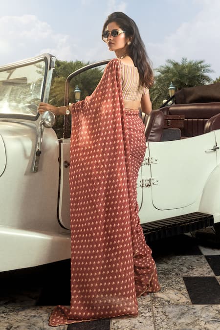 Dohr India Adah Printed Pre-Draped Saree With Unstitched Blouse 