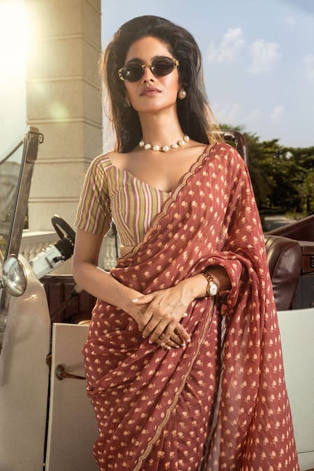Dohr India_Maroon Organza, Modal, Adah Printed Pre-draped Saree With Unstitched Blouse _Online_at_Aza_Fashions