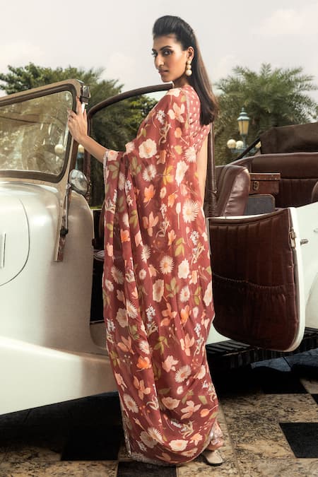 Dohr India_Red Organza, Modal, Anchal Printed Pre-draped Saree With Unstitched Blouse _Online_at_Aza_Fashions