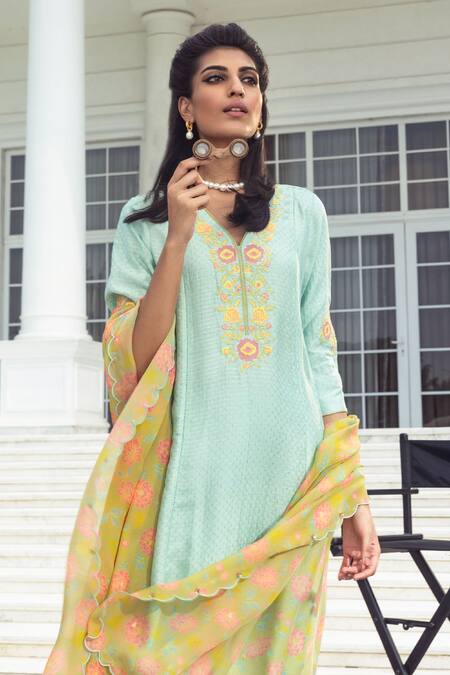 Dohr India Blue Viscose, Modal, Organza Embroidery, Sequins, Geet Thread Kurta Palazzo Set Online at Aza Fashions Dohr India_Blue Viscose, Modal, Organza Embroidery, Sequins, Geet Thread Kurta Palazzo Set _Online_at_Aza_Fashions