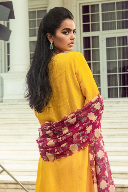Shop_Dohr India_Yellow Viscose, Modal, Organza Gurleen Jacquard A-line Kurta Palazzo Set _at_Aza_Fashions