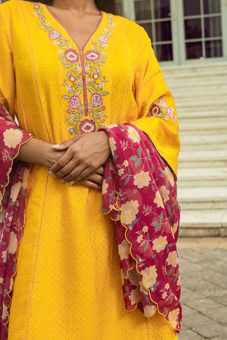 Dohr India_Yellow Viscose, Modal, Organza Gurleen Jacquard A-line Kurta Palazzo Set _Online_at_Aza_Fashions
