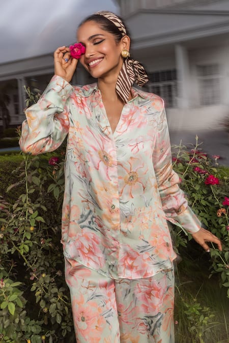 Dohr India_Green Modal, Satin Collared Iris Floral Print Shirt And Pant Set _Online_at_Aza_Fashions