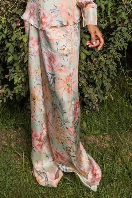 Buy_Dohr India_Green Modal, Satin Collared Iris Floral Print Shirt And Pant Set _Online_at_Aza_Fashions