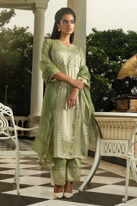 Shop_Dohr India_Green Modal, Cotton, Silk Sequins, Kimaya Floral Print Kurta Pant Set _Online_at_Aza_Fashions