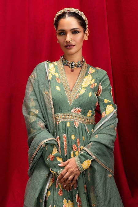 Dohr India_Green Cotton, Silk Gota Patti, Madhubala Floral Print Anarkali Palazzo Set_Online_at_Aza_Fashions