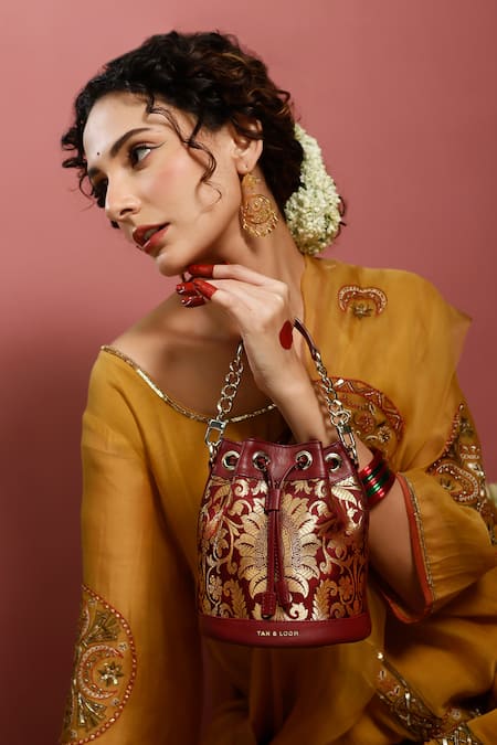 Tan & Loom Maroon Woven Floral Pattern Bombay Brocade Bucket Bag 