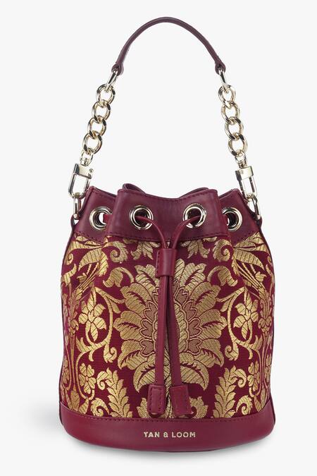 Buy Tan & Loom Maroon Embroidery Bombay Floral Brocade Bucket Bag Online at Aza Fashions Buy_Tan & Loom_Maroon Embroidery Bombay Floral Brocade Bucket Bag _Online_at_Aza_Fashions