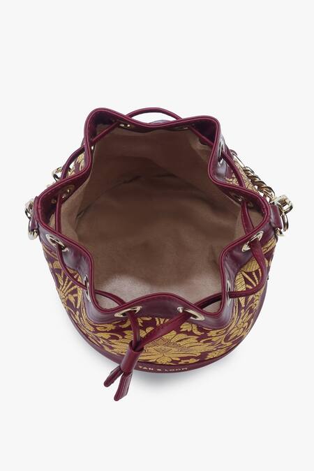 Shop Tan & Loom Maroon Embroidery Bombay Floral Brocade Bucket Bag Online at Aza Fashions Shop_Tan & Loom_Maroon Embroidery Bombay Floral Brocade Bucket Bag _Online_at_Aza_Fashions