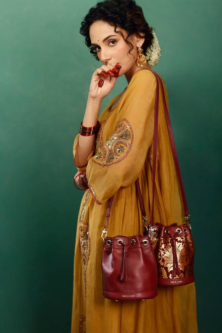 Tan & Loom_Maroon Plain Bombay Leather Bucket Bag_Online_at_Aza_Fashions