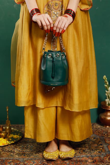 Tan & Loom Green Plain Bombay Leather Bucket Bag 