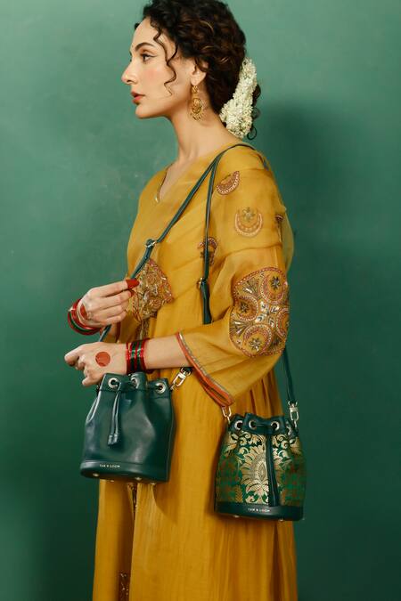 Tan & Loom_Green Woven Botanical Pattern Bombay Brocade Bucket Bag_Online_at_Aza_Fashions