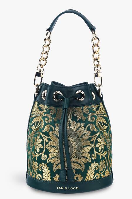 Buy_Tan & Loom_Green Woven Botanical Pattern Bombay Brocade Bucket Bag_Online_at_Aza_Fashions