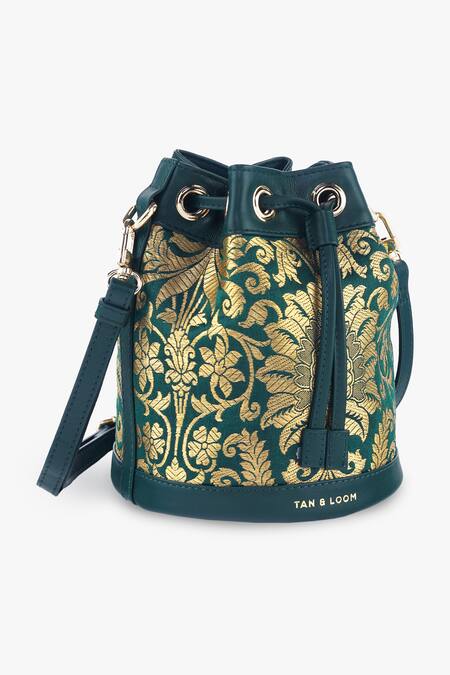 Shop_Tan & Loom_Green Woven Botanical Pattern Bombay Brocade Bucket Bag_Online_at_Aza_Fashions