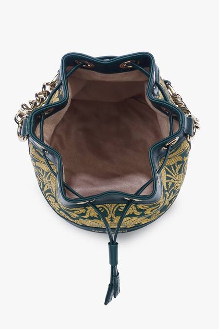 Tan & Loom_Green Woven Botanical Pattern Bombay Brocade Bucket Bag_at_Aza_Fashions