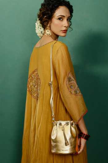 Buy_Tan & Loom_Gold Bombay Metallic Leather Bucket Bag _Online_at_Aza_Fashions