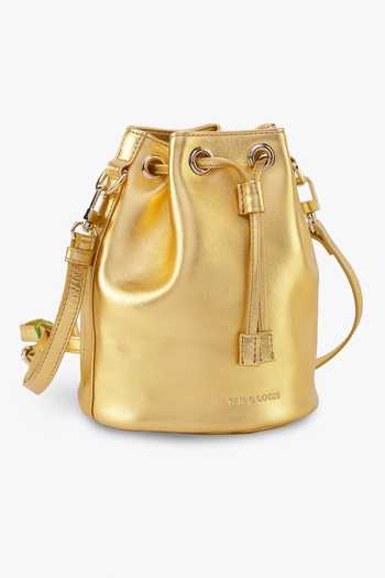 Tan & Loom_Gold Bombay Metallic Leather Bucket Bag _at_Aza_Fashions