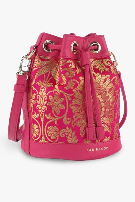 Tan & Loom_Pink Embroidery Bombay Botanical Pattern Bucket Bag _Online_at_Aza_Fashions