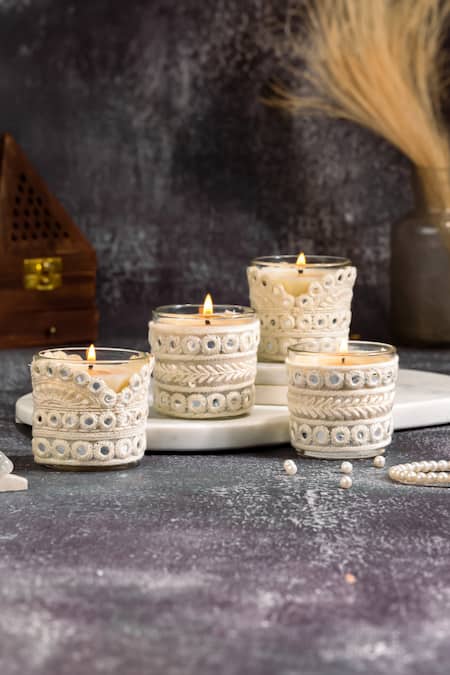 Rad Living White Scented Soy Wax Embroidery Aayat Votive Candles - 4 Pcs