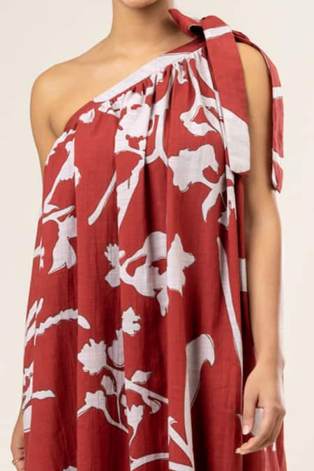 Buy_Doodlage_Maroon Modal One Shoulder Blossom Print Maxi Dress _Online_at_Aza_Fashions