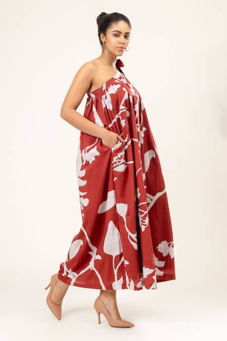 Shop_Doodlage_Maroon Modal One Shoulder Blossom Print Maxi Dress _Online_at_Aza_Fashions