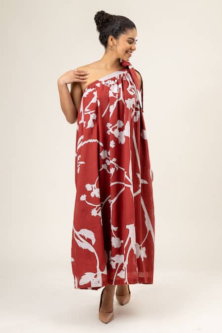 Doodlage_Maroon Modal One Shoulder Blossom Print Maxi Dress _at_Aza_Fashions