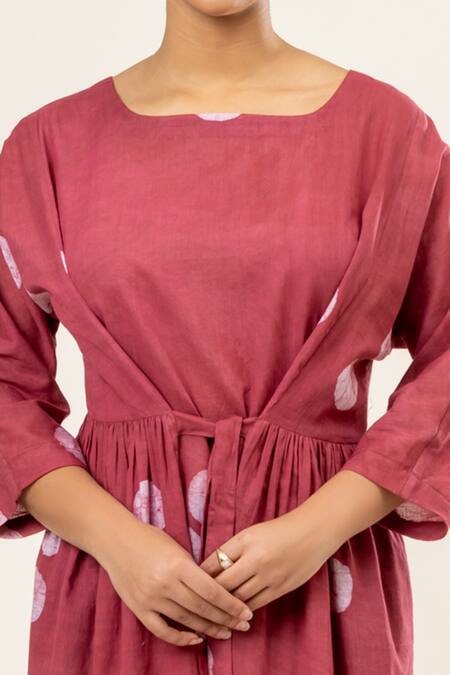 Doodlage_Pink Cotton Square Neck Batik Pattern Maxi Dress _at_Aza_Fashions