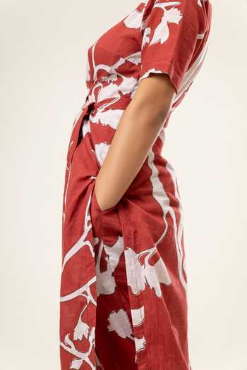 Buy_Doodlage_Maroon Upcycled Cotton Print Flowery Round Belted Tunic 