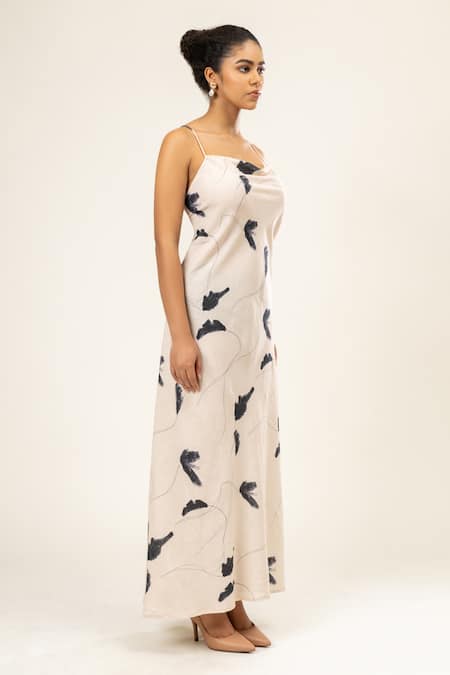 Doodlage_Cream Cotton Square Neck Leaf Paint Print Backless Dress _Online_at_Aza_Fashions