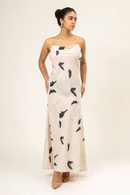 Buy_Doodlage_Cream Cotton Square Neck Leaf Paint Print Backless Dress _Online_at_Aza_Fashions