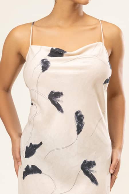 Shop_Doodlage_Cream Cotton Square Neck Leaf Paint Print Backless Dress _Online_at_Aza_Fashions