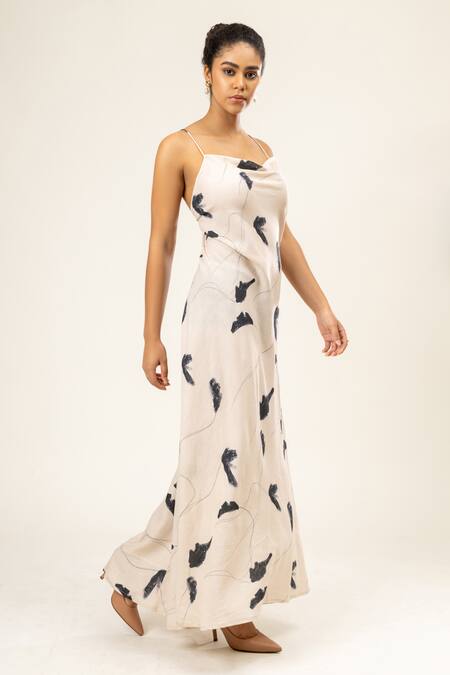 Doodlage_Cream Cotton Square Neck Leaf Paint Print Backless Dress _at_Aza_Fashions