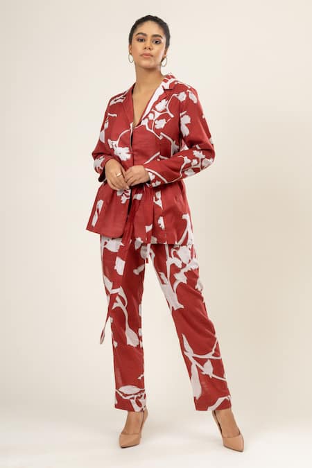 Doodlage Carnation Print Lapel Collar Jacket With Pant 