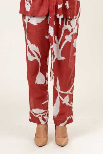 Doodlage_Maroon Cotton Embroidery Collared Carnation Print Lapel Jacket With Pant _Online_at_Aza_Fashions