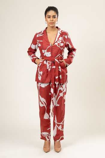 Shop_Doodlage_Maroon Cotton Embroidery Collared Carnation Print Lapel Jacket With Pant _Online_at_Aza_Fashions