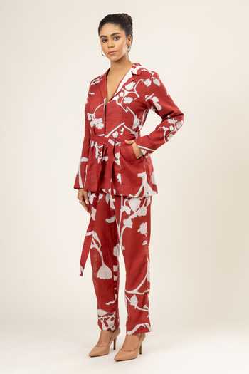 Doodlage_Maroon Cotton Embroidery Collared Carnation Print Lapel Jacket With Pant _at_Aza_Fashions