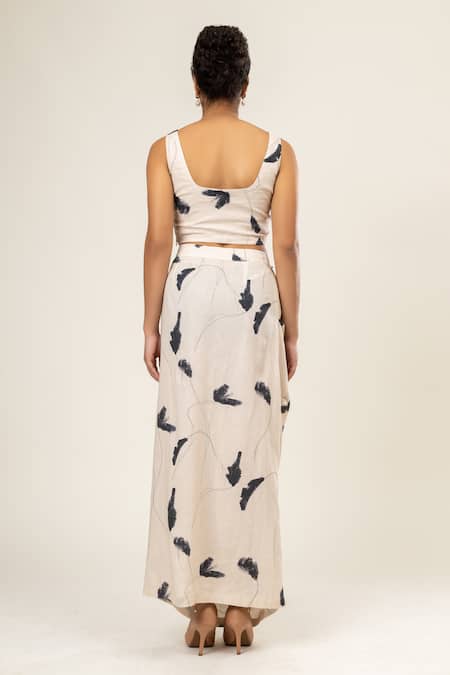 Shop Doodlage Cream Cotton Square Neck Foliage Paint Print Crop Top With Skirt at Aza Fashions Shop_Doodlage_Cream Cotton Square Neck Foliage Paint Print Crop Top With Skirt _at_Aza_Fashions
